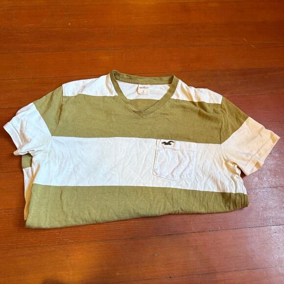 Hollister y2k green/cream striped v-neck t-shirt. Size M. - Picture 3 of 5